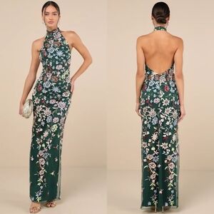Lulus Infinite Praise Emerald 3D Floral Embroidered Halter Maxi Dress Wedding